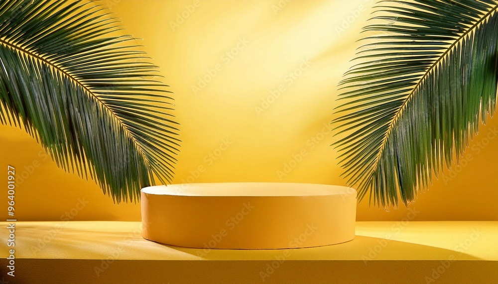 Yellow podium with palm leaves and sunlight casting shadows Yellow podium with palm leaves and sunlight casting shadows