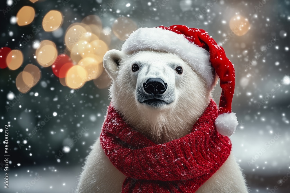 A cute polar bear wearing a red scarf and a Santa hat, set against a winter background with falling snowflakes