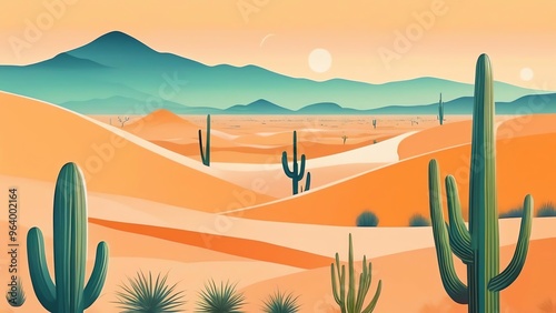 A flat drawing in the manner of flat illustrations depicting a large desert. The background should have even lighting, be pastel orange in hue.
 photo