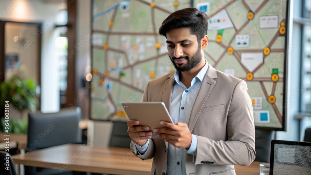Fototapeta premium An Indian logistics professional using a digital map to track deliveries, set in a modern office environment.