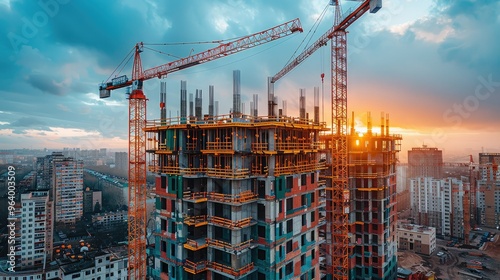 Construction site development and tower cranes City building architecture development industry engineering build equipment structure