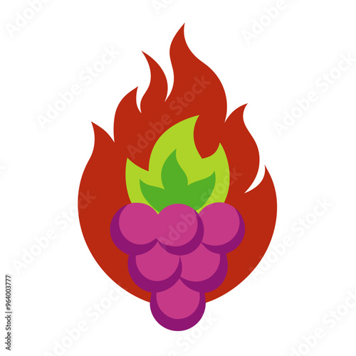 solitary cluster of cartoon grapes being devoured by raging flames, fire, burning, transparent