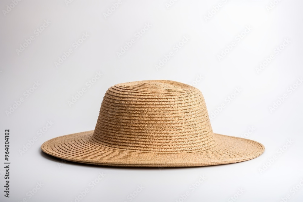Lightweight beige straw hat resting flat on a white surface ready for summer outings and beach days Lightweight beige straw hat resting flat on a white surface ready for summer outings and beach days