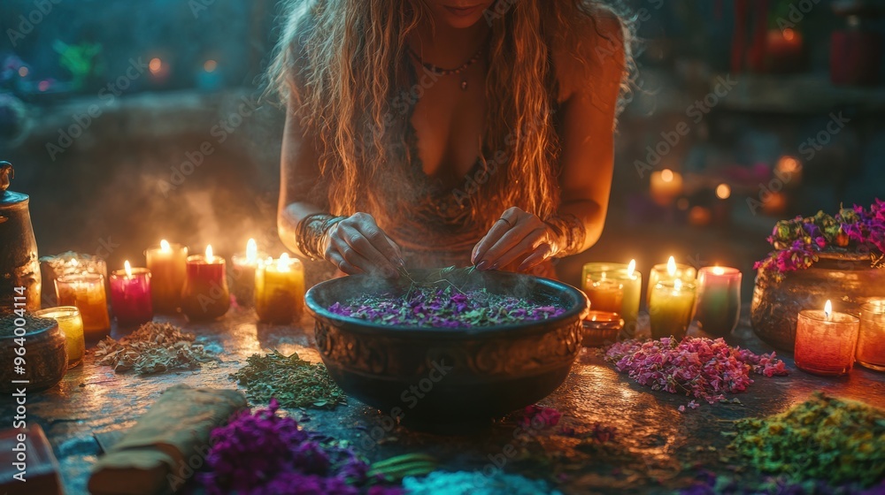 A witch preparing a magical potion, old books, and glowing candles surrounding her A witch preparing a magical potion, old books, and glowing candles surrounding her