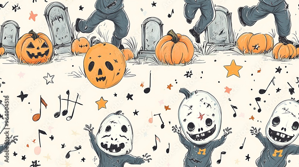 Adorable doodle-style seamless pattern featuring zombies happily dancing Zumba in a spooky graveyard, with musical notes, pumpkins, and stars scattered around, soft pastel tones, Adorable doodle-style seamless pattern featuring zombies happily dancing Zumba in a spooky graveyard, with musical notes, pumpkins, and stars scattered around, soft pastel tones,