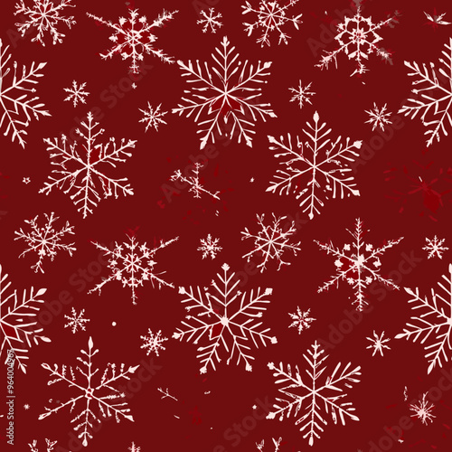 Seamless winter pattern with white snowflakes on a festive red background

