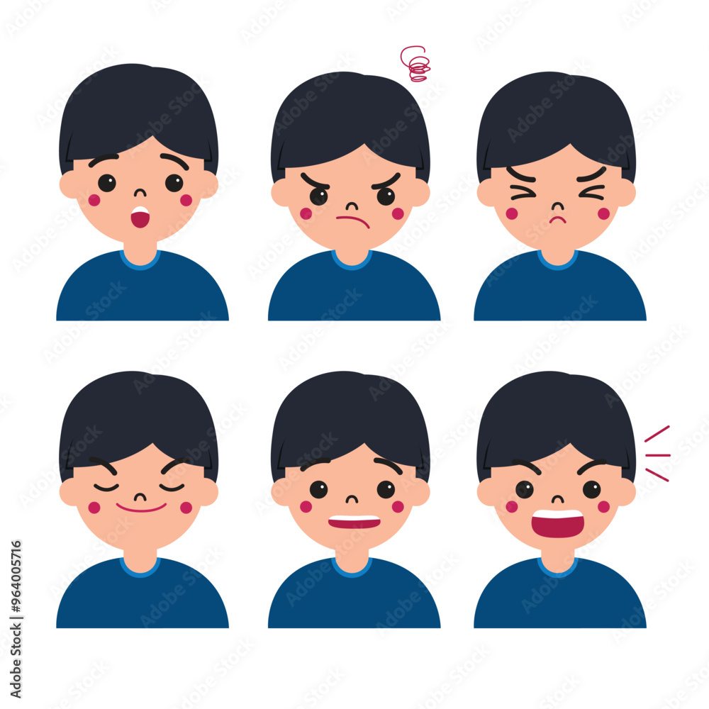 Boy or kid facial expression character. Happiness, anger, smile, shock, fear, joy for illustration and education Boy or kid facial expression character. Happiness, anger, smile, shock, fear, joy for illustration and education