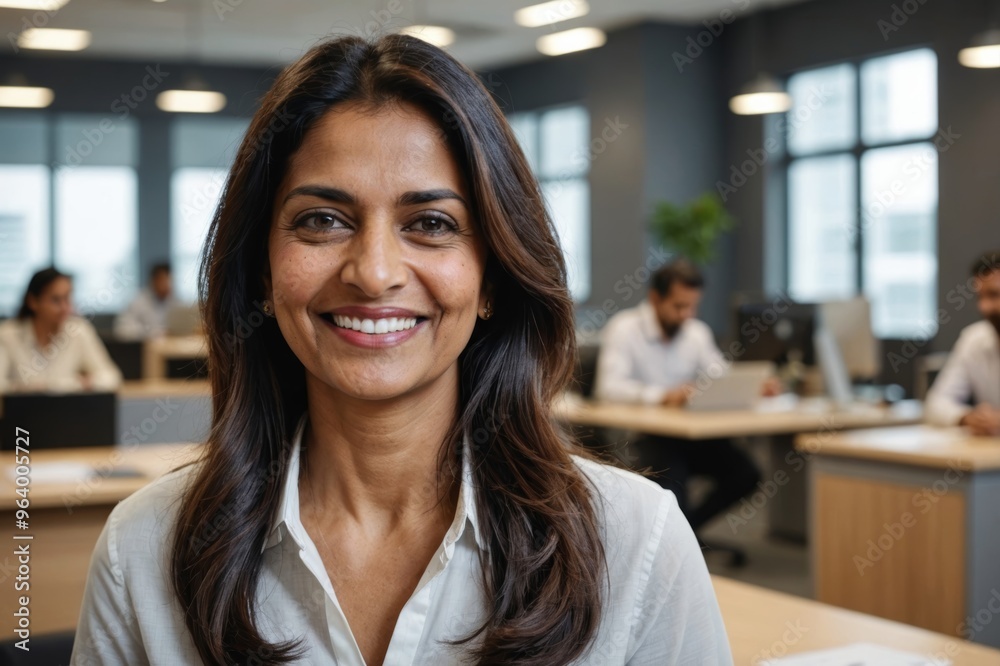 Indian smiling happy middle aged business woman look camera do pose for head shot portrait video at workplace Indian smiling happy middle aged business woman look camera do pose for head shot portrait video at workplace
