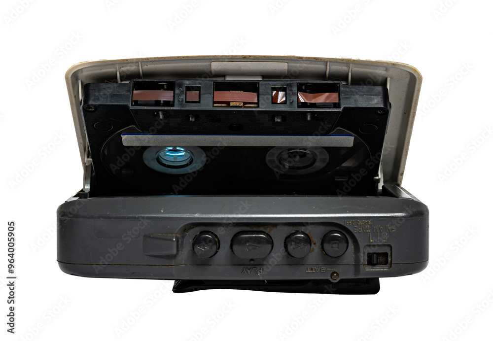 Fototapeta premium Old silver cassette player. Used. isolated on white background