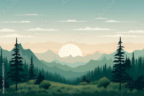 Serene mountain sunrise landscape illustration