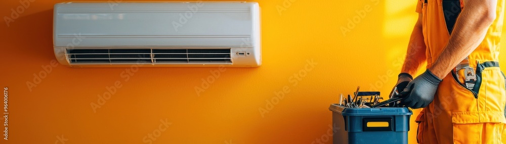 A technician servicing an air conditioning unit on a vibrant orange wall, showcasing tools and expertise for efficient cooling. A technician servicing an air conditioning unit on a vibrant orange wall, showcasing tools and expertise for efficient cooling.