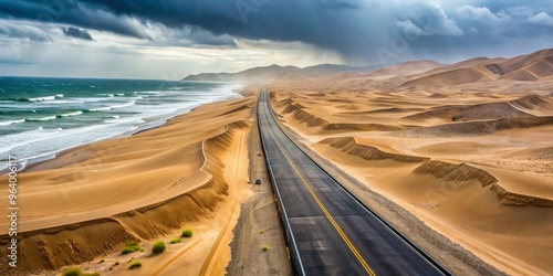 14. Ancient Peruvian coastal highway amidst shifting dunes on a Rainy Day photo