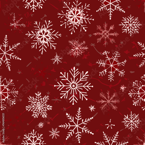 Seamless winter pattern with white snowflakes on a festive red background


