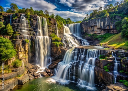 Mac Mac Falls in the afternoon, where the rocky cliffs surrounding the waterfall are covered in intricate, swirling patterns that seem to shift and change as the light fades.