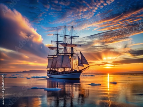 Kara Sea (Located north of Russia and west of the Taymyr Peninsula) in the evening, as a majestic ship of spectral sails glides across the horizon, crewed by the ghosts of mariners past. photo