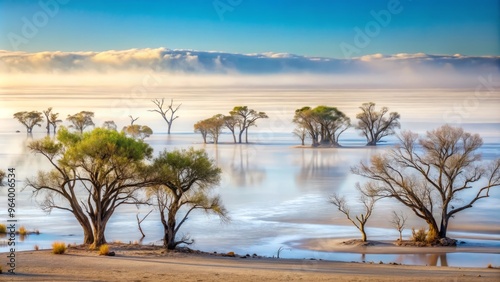 Lake Eyre, Australia in January, shrouded in a mystical, eerie fog, with ghostly trees looming in the distance, like a scene from a fantasy novel. photo