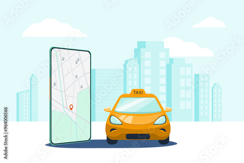 Taxi service abstract banner design. Cab illustration and smartphone, city buildings in the distance. Delivery company business concept illustration.