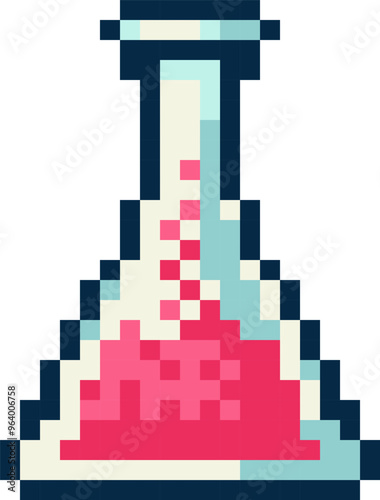 Abstract chemical flask in pixel art style simple icon. Retro 8 bit gaming flat pixel art style, modern logotype graphic illustration.