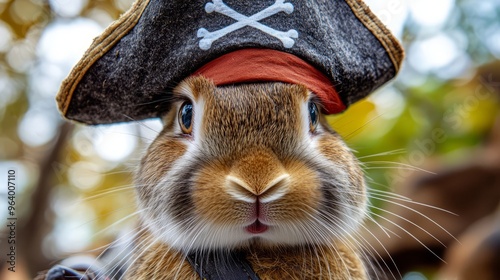 A cute bunny rabbit wearing a pirate hat, looking directly at the camera.  the bunny's whiskers are prominent.  perfect for pet-themed projects. photo