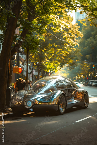 A futuristic car is parked on the side of the road