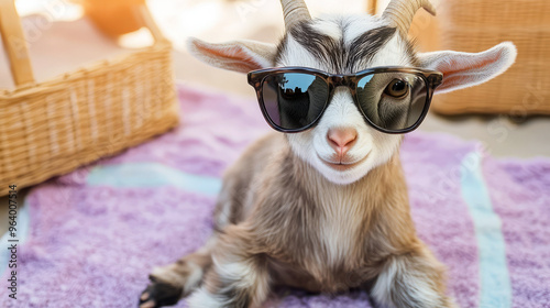 Cool goat wearing sunglasses relaxing on a purple blanket. photo