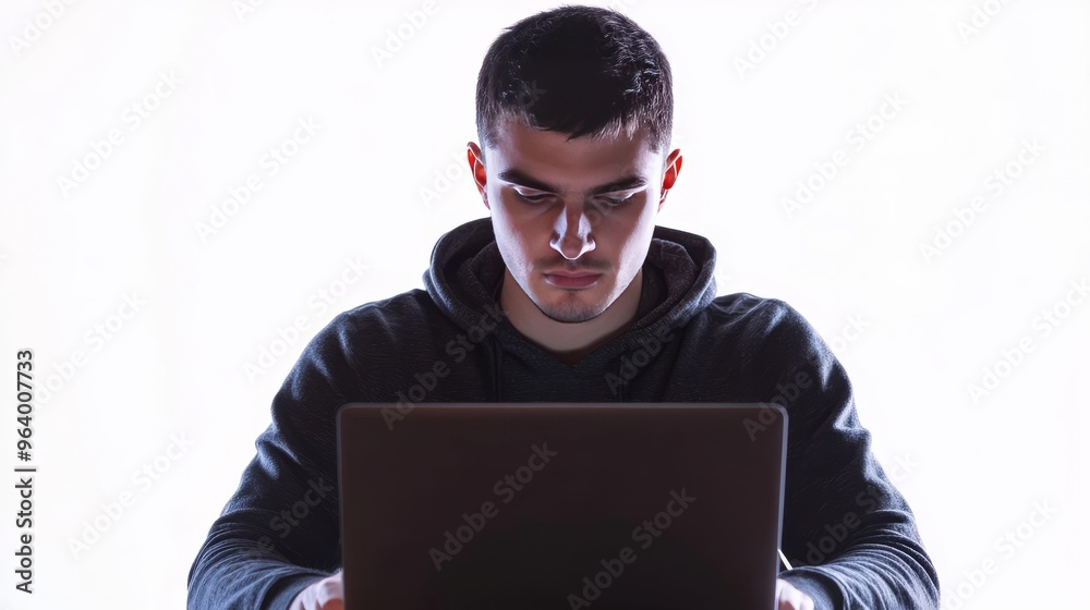 Laptop man, white backdrop