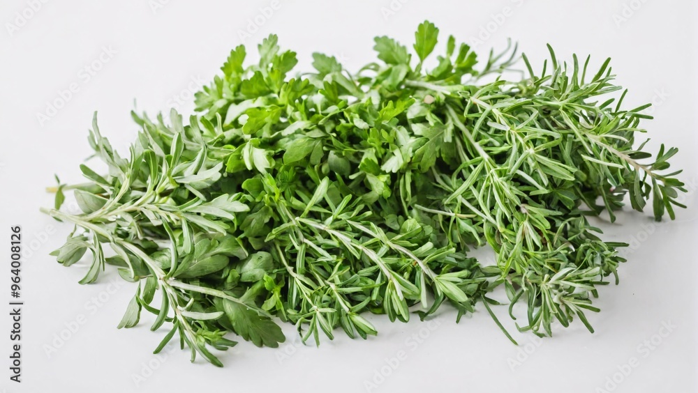 Organic fresh herbs such as rosemary, thyme, and cilantro on white background with ample copy space. Culinary herb concept.