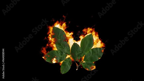 Burning Green Leaves. Fire Effect Animation on Transparent Background Isolated 4K Video. Visual Effects and Motion Graphics Element.