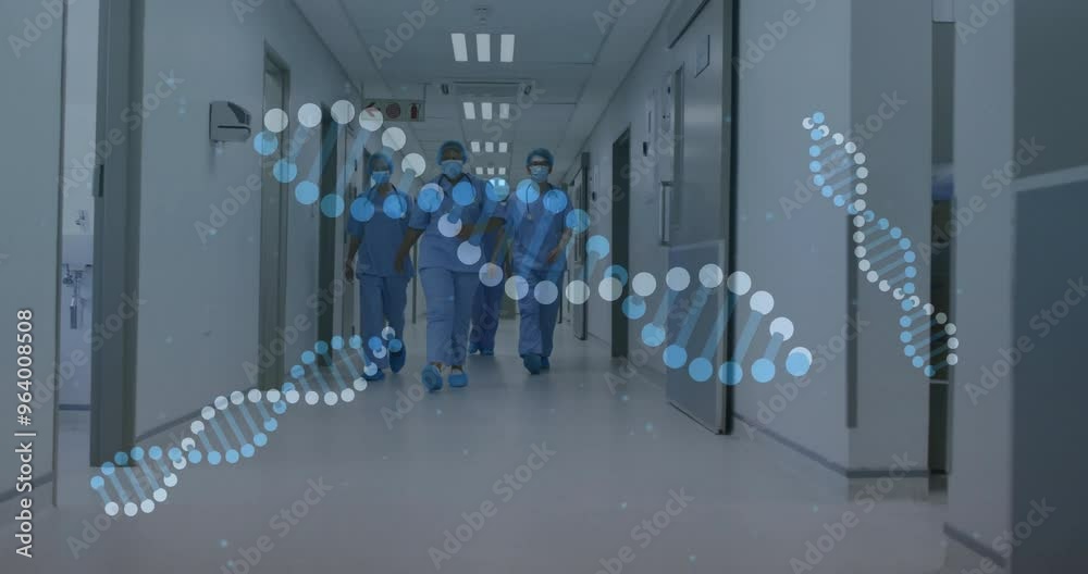 Animation of dna strands over diverse surgeons walking Animation of dna strands over diverse surgeons walking