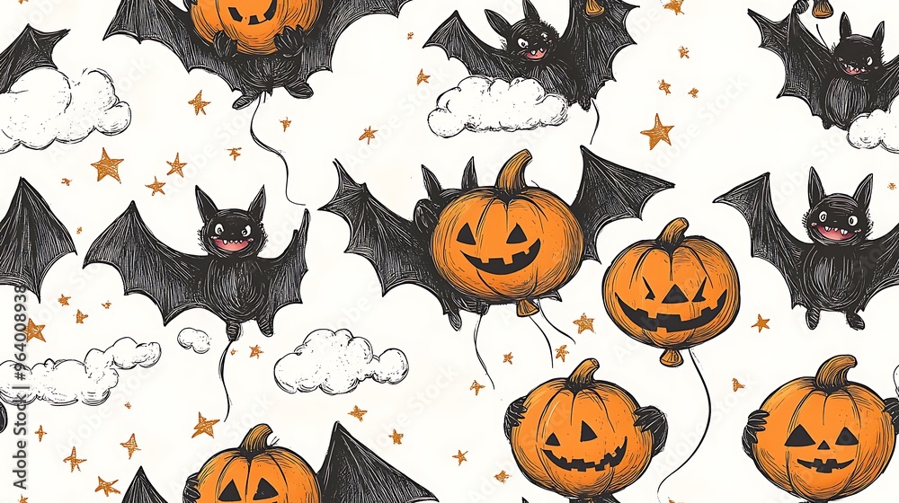 Seamless doodle-style pattern of bats joyfully holding pumpkin-shaped balloons, floating among clouds and stars, warm autumn colors, cute and playful Halloween theme, Seamless doodle-style pattern of bats joyfully holding pumpkin-shaped balloons, floating among clouds and stars, warm autumn colors, cute and playful Halloween theme,
