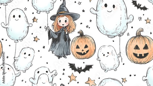 Seamless doodle-style pattern of cute ghosts floating like balloons, with a tiny witch holding the strings, surrounded by stars, pumpkins, and bats, soft pastel hues,