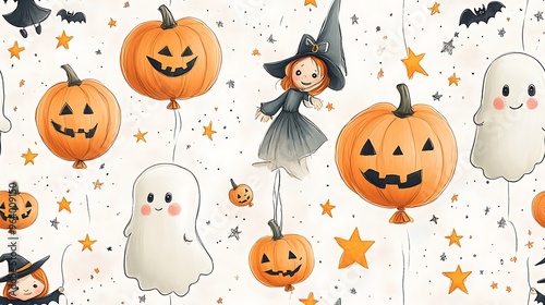 Seamless doodle-style pattern of cute ghosts floating like balloons, with a tiny witch holding the strings, surrounded by stars, pumpkins, and bats, soft pastel hues,