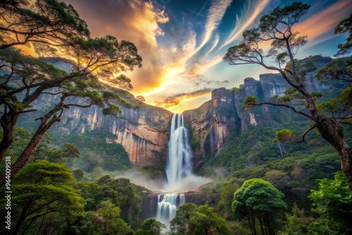 Angel Falls in the evening, surrounded by a forest of towering, sentient trees, their branches intertwined in a gentle, mystical embrace.