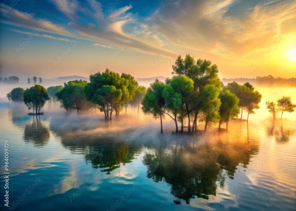Persian Gulf in the morning where the morning mist reveals a mystical, glowing forest, its trees growing out of the water Persian Gulf in the morning where the morning mist reveals a mystical, glowing forest, its trees growing out of the water