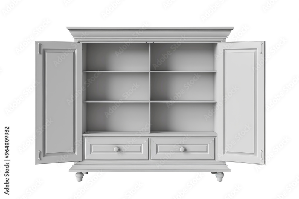 Realistic open white cabinet isolated on transparent background, for put things in cupboard. Realistic open white cabinet isolated on transparent background, for put things in cupboard.