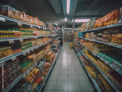 Well-Stocked Supermarket Shelves Aisle View