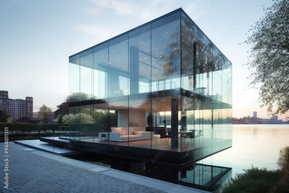 Fototapeta premium Modern Glass Waterfront House at Sunset