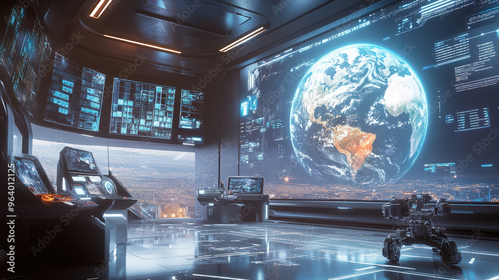 Fototapeta premium Futuristic Control Room with Holographic Earth Display, Digital Screens, Blue Lighting, and Workstations, Showcasing Advanced Technology and High-Tech Environment for Space Exploration