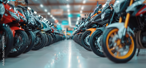 A row of motorcycles parked in a showroom. The motorcycles are all different colors and models.