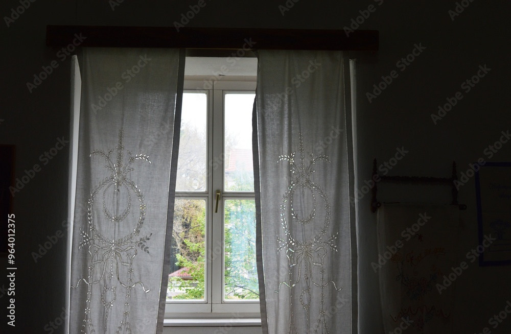 Fototapeta premium window with old white curtains