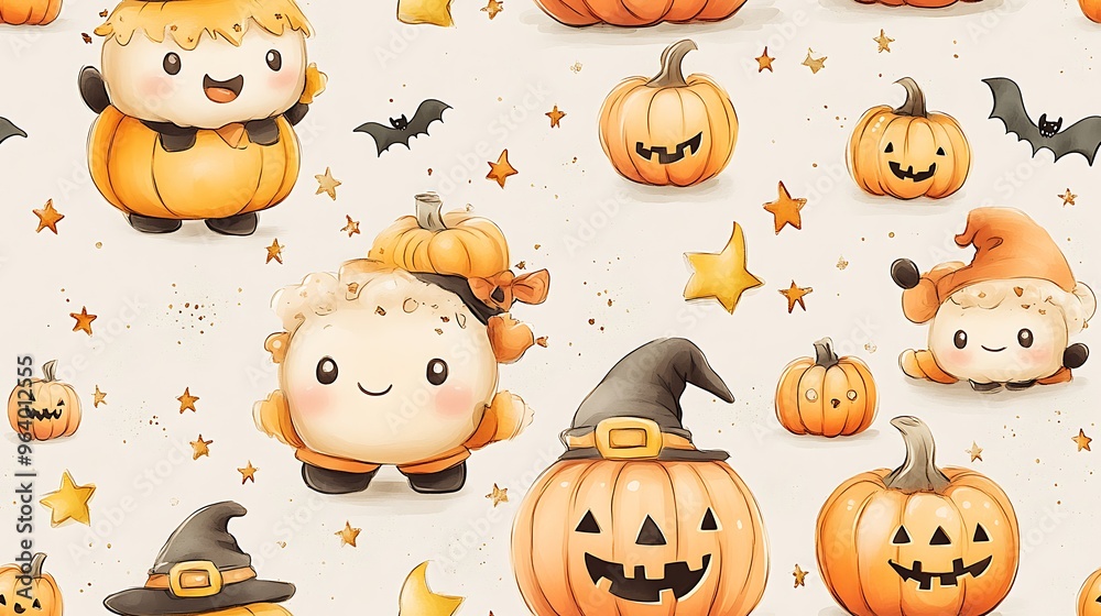 Fototapeta premium Whimsical doodle-style seamless pattern of smiling candy corn characters in Halloween costumes, trick-or-treating with tiny pumpkins, surrounded by floating stars, bats, and moons, soft pastel colors,