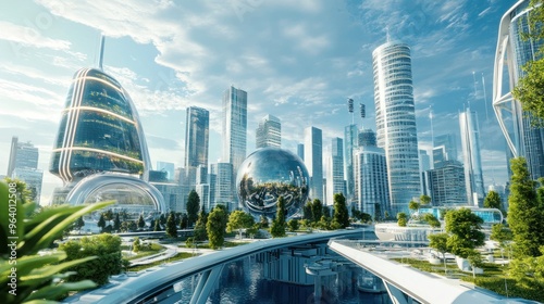 Fototapeta Naklejka Na Ścianę i Meble -  A modern city skyline powered by hydrogen energy, with clean, futuristic infrastructure