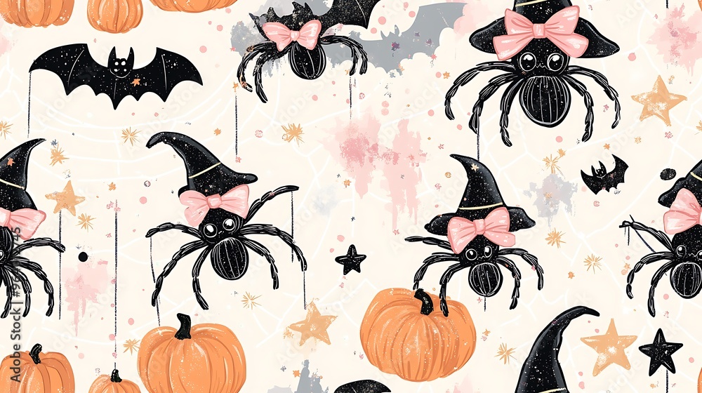 Whimsical doodle-style seamless pattern of spiders with witch hats and bows hanging on webs, surrounded by stars, bats, pumpkins, and magical sparkles, soft pastel colors,