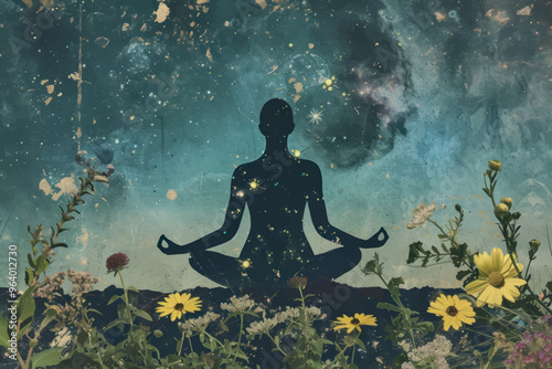Meditative silhouette in cosmic nature
