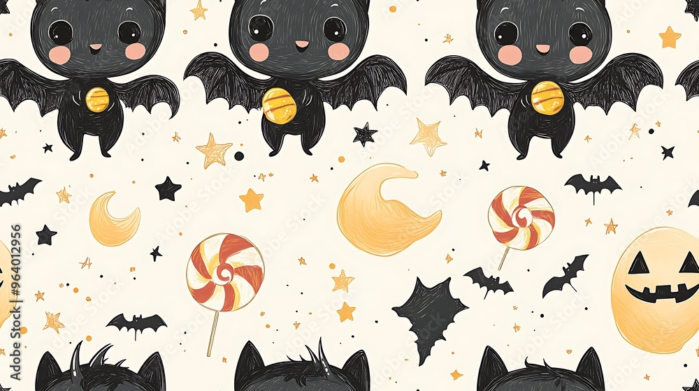 Whimsical doodle-style seamless pattern of tiny vampires with bat wings ...