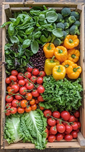 A wooden crate filled with a variety of vegetables