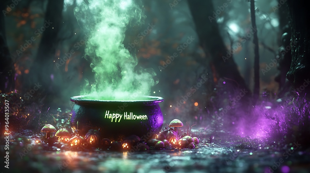 A bubbling witch's cauldron with green glowing steam rising, forming the words A bubbling witch's cauldron with green glowing steam rising, forming the words