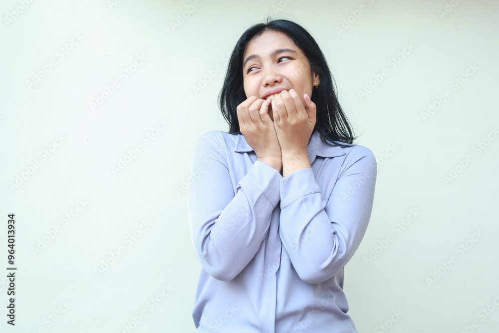 portrait of shy asian young business woman feeling embarrassed covering her face with hand look away, wear formal shir isolated on white background portrait of shy asian young business woman feeling embarrassed covering her face with hand look away, wear formal shir isolated on white background