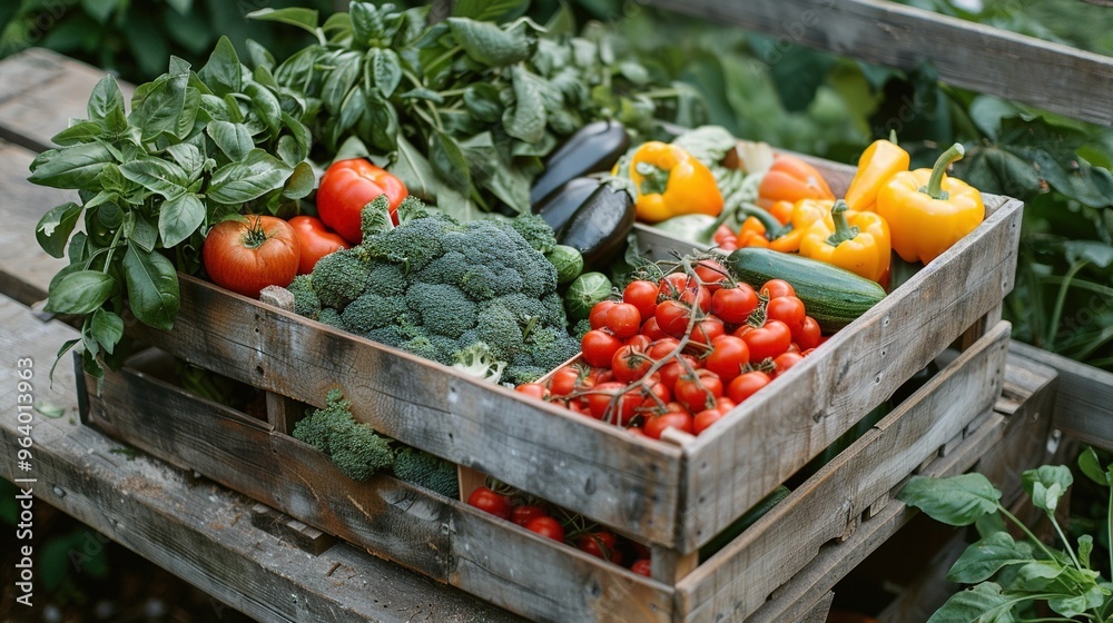 A wooden crate filled with a variety of vegetables including broccoli, tomatoes, and peppers A wooden crate filled with a variety of vegetables including broccoli, tomatoes, and peppers