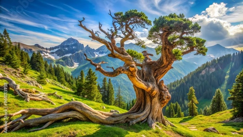 Alpine meadows mountain air whispers secrets to ancient trees twisted by time and wind, their gnarled branches like nature's own sculptures. photo